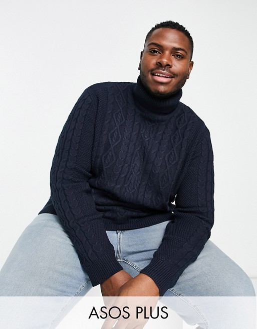 Only & Sons Plus cable knit roll neck jumper in navy