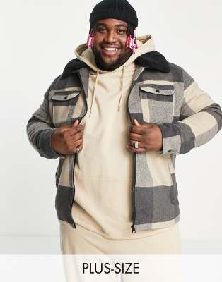 Only & Sons Plus check trucker jacket with borg collar in beige - ASOS Price Checker