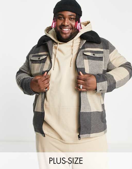 Only & Sons Plus - Giacca trucker a quadri beige con colletto in pile borg