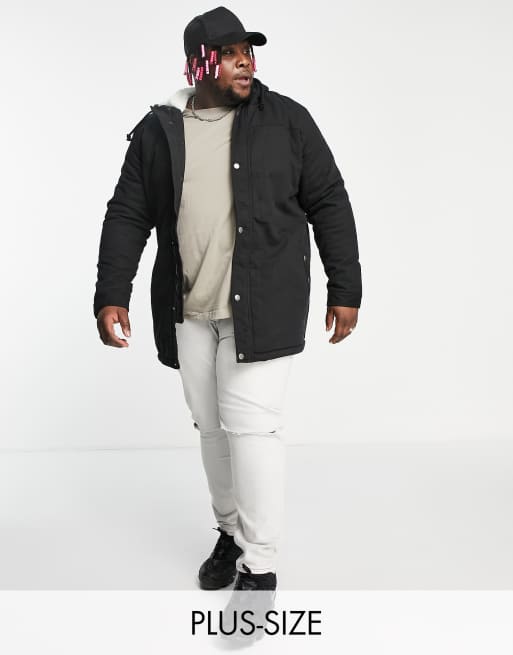 Only & Sons Plus - Parka con fodera in pile borg e cappuccio nero