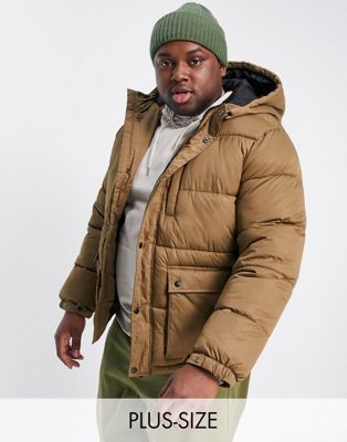 Only & Sons Plus puffer jacket with hood in tan - ASOS Price Checker