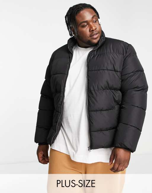 Only & Sons Plus puffer jacket with stand collar in black | ASOS