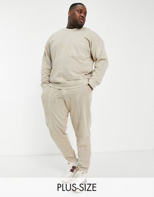 Only & Sons Plus washed slim fit tracksuit in beige