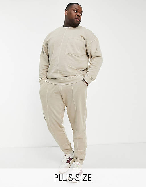 Only & Sons Plus washed slim fit tracksuit in beige