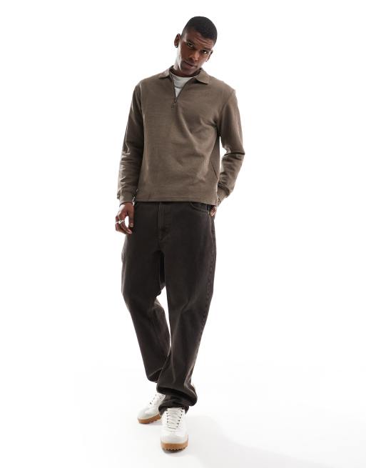ONLY & SONS - Polo a maniche lunghe marrone con zip corta, 2 di 4