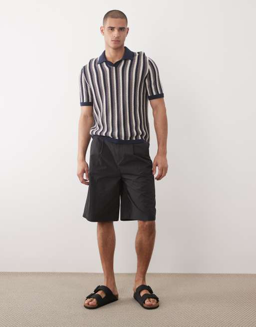 ONLY & SONS - Polo comoda in maglia beige e blu a righe con spacco sul collo, 2 di 5