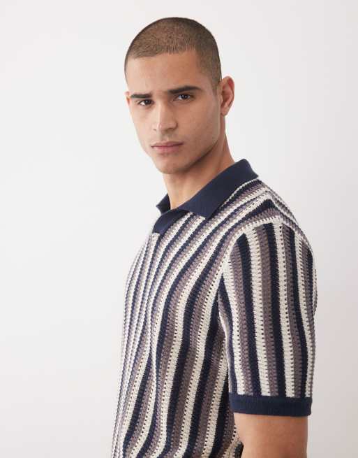 ONLY & SONS - Polo comoda in maglia beige e blu a righe con spacco sul collo, 4 di 5