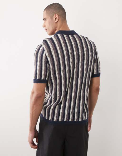 ONLY & SONS - Polo comoda in maglia beige e blu a righe con spacco sul collo, 5 di 5