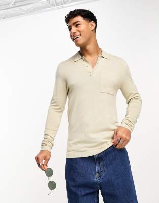 Only & Sons long sleeve knitted polo in beige - ASOS Price Checker