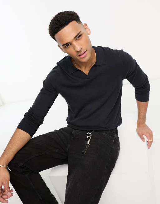 Only & Sons - Polo in maglia blu navy a maniche lunghe con rever 