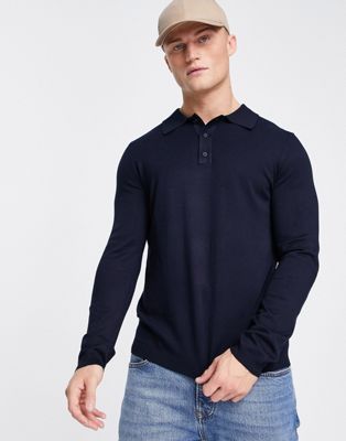 Only & Sons knitted long sleeve polo in navy  - ASOS Price Checker
