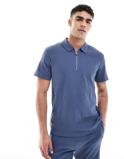 ONLY & SONS - Polo met textuur en rits in indigo, deel van co-ord set - view 1
