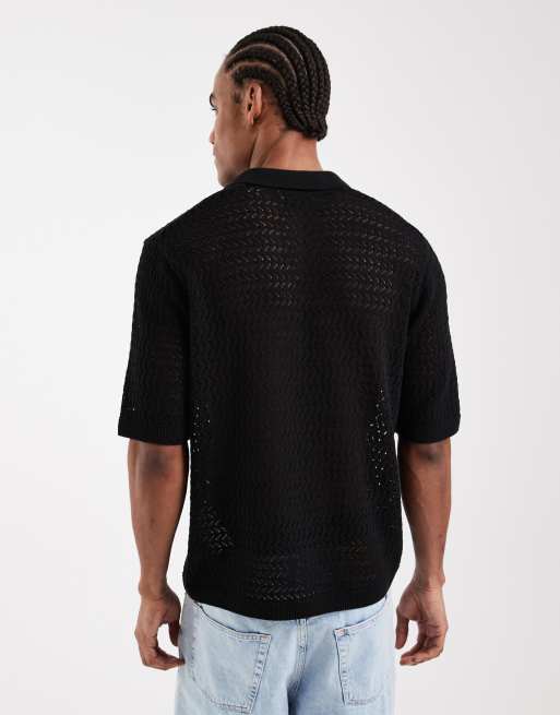 ONLY & SONS - Polo nera traforata con colletto spaccato, 3 di 5