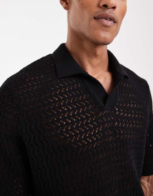 ONLY & SONS - Polo nera traforata con colletto spaccato, 5 di 5