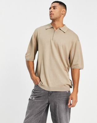 Only & Sons oversized knit polo with quarter zip in beige  - ASOS Price Checker