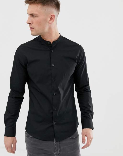 Only & Sons poplin grandad collar shirt in black | ASOS