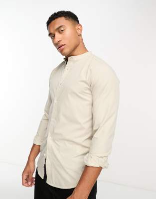 Only & Sons Poplin Shirt With Grandad Collar In Beige-neutral In Neutral
