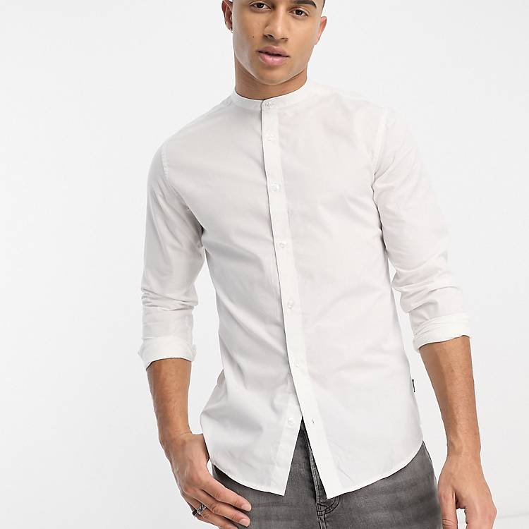 Only & Sons poplin shirt with grandad collar in white | ASOS