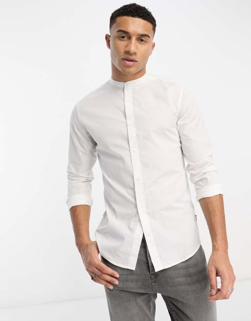 Only & Sons poplin shirt with grandad collar in white | ASOS