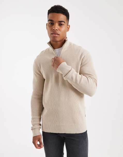 ONLY & SONS ribbed half zip jumper in stone
