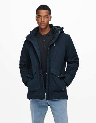 Only & Sons premium padded parka with hood in navy