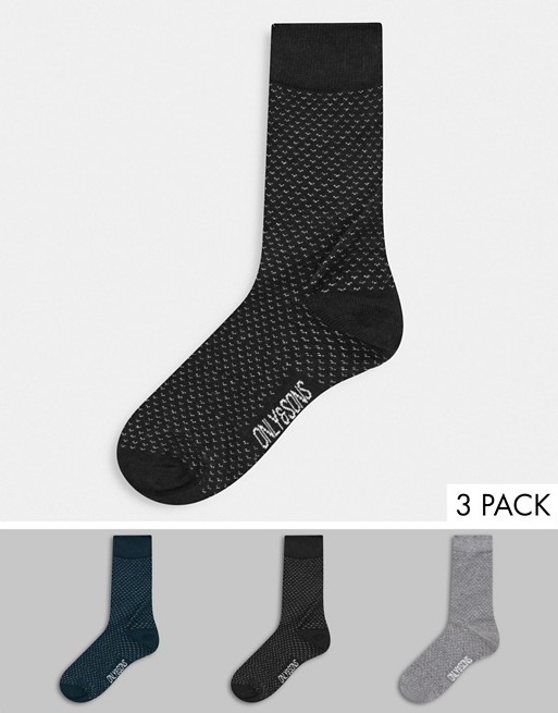 Only & Sons print sock 3 pack in green navy grey