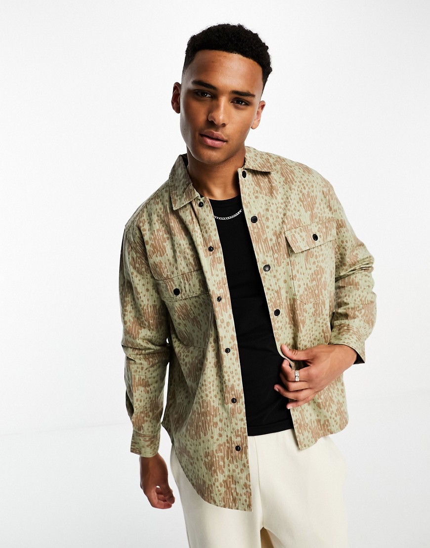 ONLY & SONS printed overshirt in brown and khaki