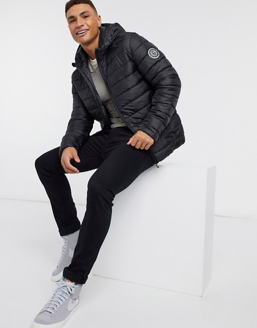 Only & Sons puffer jacket with branding in black