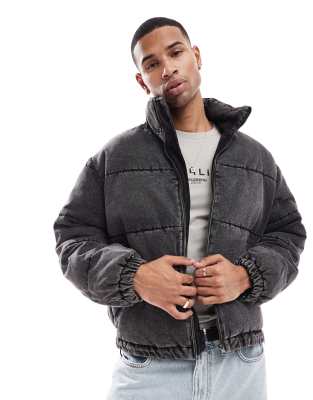 puffer jacket with denim look in washed black