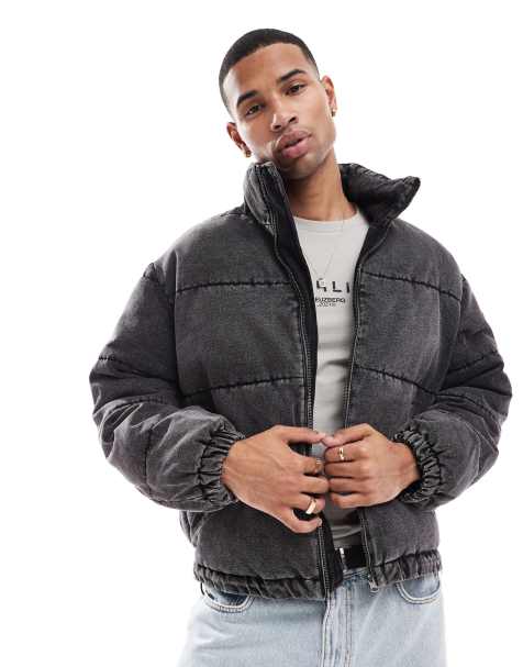 ONLY & SONS puffer jacket with denim look in washed black - view 1