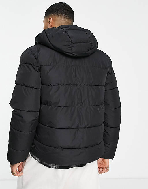 Only & Sons puffer jacket with hood in black | ASOS