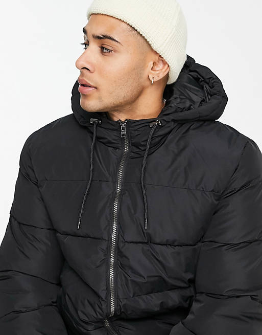 Only & Sons puffer jacket with hood in black | ASOS
