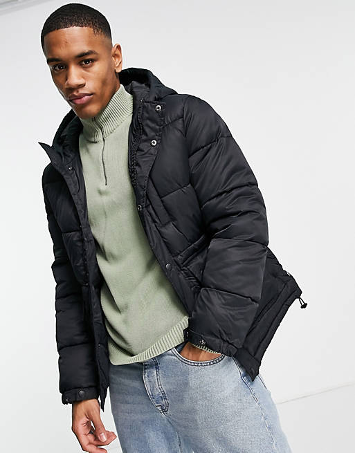Only & Sons puffer jacket with hood in black
