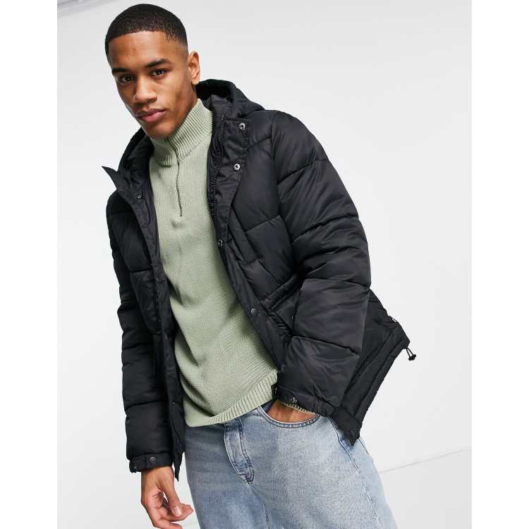 Only & Sons puffer jacket with hood in black | ASOS