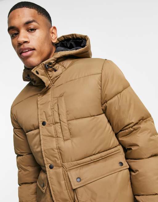 Only & Sons puffer jacket with hood in tan