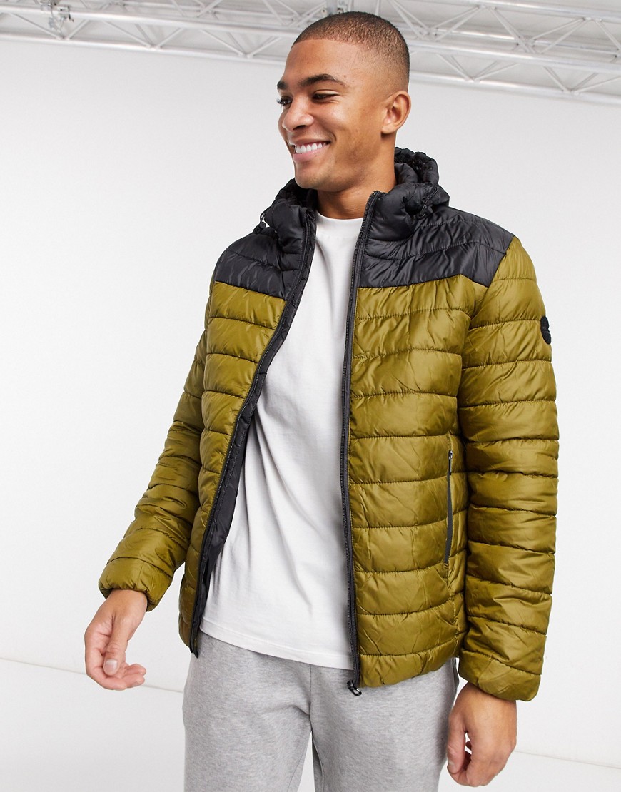 Only & Sons Puffer With Hood In Green Colorblock