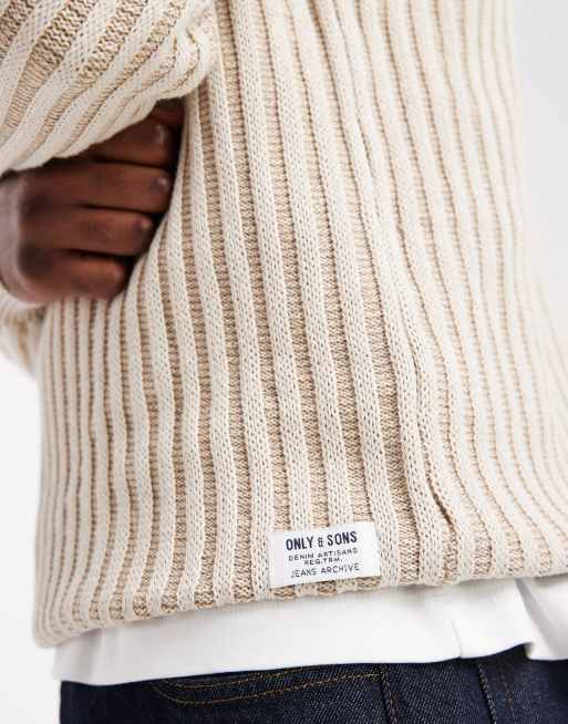 ONLY & SONS - Pull coupe classique en maille texturée à rayures crème - Taupe, 5 de 5