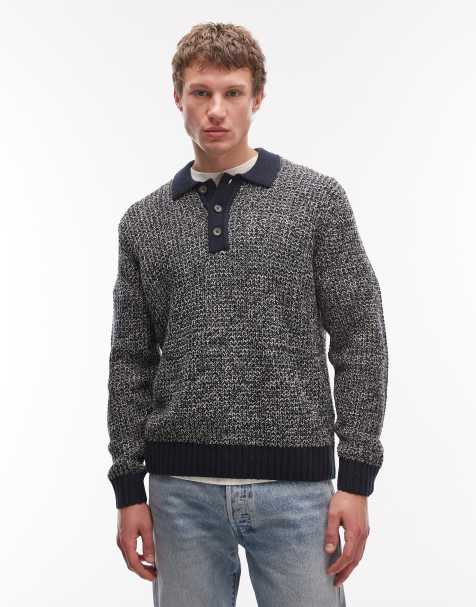 ONLY & SONS - Pull en maille structurée avec col contrastant - Bleu marine - view 1