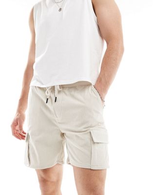 Only & Sons Pull On Cord Cargo Shorts In Cream-white