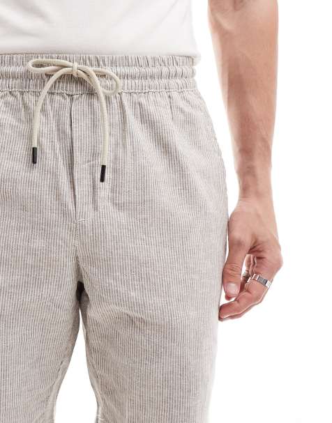 ONLY & SONS pull on linen mix short co-ord in beige stripe - view 1
