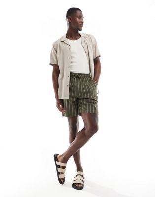 Only & Sons Pull On Linen Mix Shorts In Olive Stripe-green