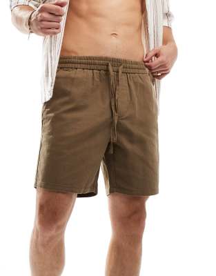 pull-on linen shorts in washed brown