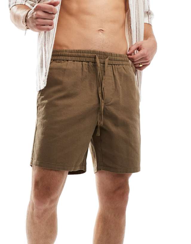 ONLY & SONS - pull on linen shorts in washed brown