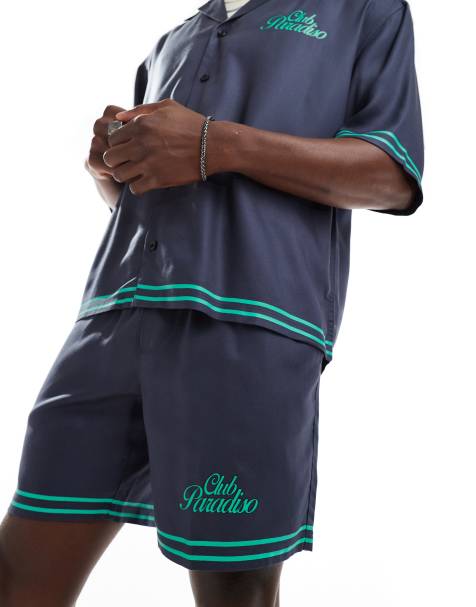 ONLY & SONS pull on printed short co-ord in navy - view 1