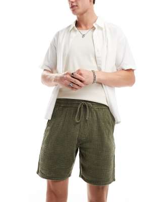 Only & Sons Pull On Textured Shorts In Washed Khaki-green