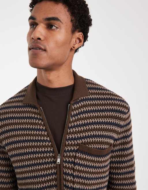 ONLY & SONS - Pull zippé en maille crochetée avec poche - Bleu marine/marron, 5 de 5