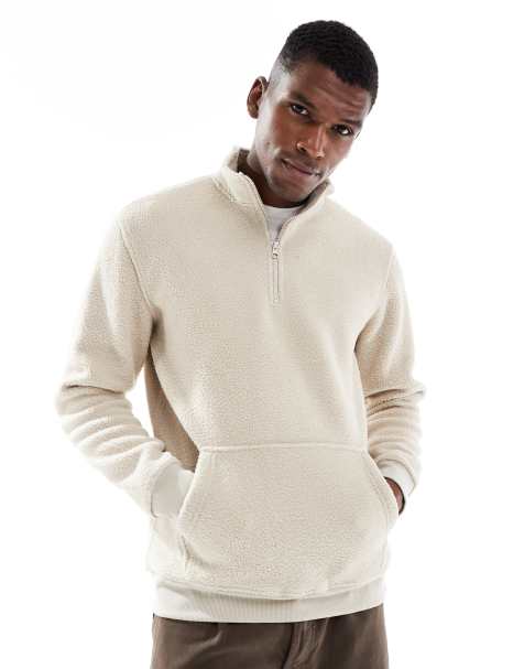 ONLY & SONS quarter zip fleece in stone - view 1