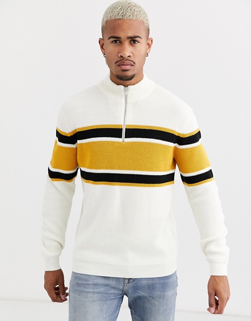 Only & Sons quarter zip jumper in white with chest stripe