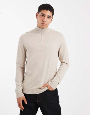 Only & Sons Quarter Zip Knit Sweater In Neutral