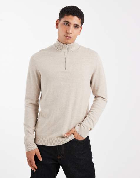 ONLY & SONS quarter zip knit sweater in beige - view 1